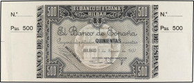 Spanish Banknotes
Civil War
500 Pesetas. 1 Enero 1937. EL BANCO DE ESPAÑA. BILBAO. Antefirma: Caja de Ahorros y Monte de Piedad Municipal de Bilbao....