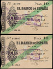 Spanish Banknotes
Civil War
Lote 2 billetes 10 Pesetas. 1936. EL BANCO DE ESPAÑA. GIJÓN. Pareja correlativa. (Arruguitas, doblez en esquina). Ed-381...