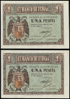 Spanish Banknotes
Estado Español
Lote 2 billetes 1 Peseta. 30 Abril 1938. Serie A, pareja correlativa. (Impresión algo desplazada, uno con leve manc...