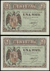 Spanish Banknotes
Estado Español
Lote 2 billetes 1 Peseta. 30 Abril 1938. Serie N, pareja correlativa. (Uno con leve manchita en reverso). Ed-428b. ...