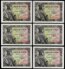 Spanish Banknotes
Estado Español
Lote 6 billetes 1 Peseta. 21 Mayo 1943. Fernando ´El Católico´. Serie D pareja correlativa y SerieE, dos parejas co...