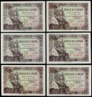 Spanish Banknotes
Estado Español
Lote 6 billetes 1 Peseta. 15 Junio 1945. Isabel ´La Católica´ Serie A pareja correlativa y Serie C (4). Ed-448a. EB...