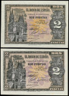 Spanish Banknotes
Estado Español
Lote 2 billetes 2 Pesetas. 30 Abril 1938. Catedral de Burgos. Serie L y N. Ed-429a. SC.