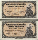 Spanish Banknotes
Estado Español
Lote 2 billetes 5 Pesetas. 18 Julio 1937. Portabella. Sin Serie. Pareja correlativa. (Leve arruguita en margen infe...