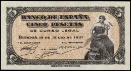 Spanish Banknotes
Estado Español
5 Pesetas. 18 Julio 1937. Portabella. Sin Serie. (Doblez en lado derecho, leve arruguita en margen). Ed-424. EBC+.