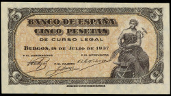 Spanish Banknotes
Estado Español
5 Pesetas. 18 Julio 1937. Portabella. Serie B. (Leves arruguitas y leves manchitas en margen). Ed-424a. EBC-.