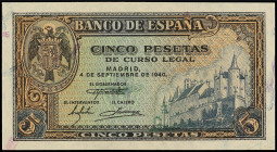 Spanish Banknotes
Estado Español
5 Pesetas. 4 Septiembre 1940. Alcázar de Segovia. Serie D. Ed-443a. SC.
