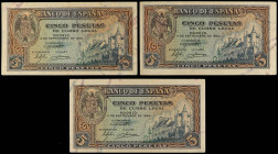 Spanish Banknotes
Estado Español
Lote 3 billetes 5 Pesetas. 4 Septiembre 1940. Alcázar de Segovia. Serie J y H(2). Ed-443a. MBC+ a EBC-.