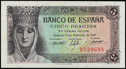 Spanish Banknotes
Estado Español
5 Pesetas. 13 Febrero 1943. Isabel ´La Católica´. Sin Serie. Ed-446. EBC+.