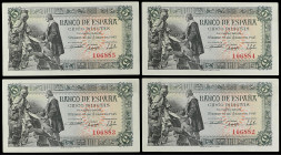 Spanish Banknotes
Estado Español
Lote 4 billetes 5 Pesetas. 15 Junio 1945. Capitulaciones de Santa Fe. Sin Serie. Todos correlativos. Ed-449. SC.