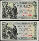 Spanish Banknotes
Estado Español
Lote 2 billetes 5 Pesetas. 15 Junio 1945. Capitulaciones de Santa Fe. Serie H. Pareja correlativa. Ed-449a. SC.