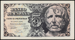 Spanish Banknotes
Estado Español
5 Pesetas. 12 Abril 1947. Séneca. Sin Serie. Ed-454. SC-.