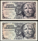 Spanish Banknotes
Estado Español
Lote 2 billetes 5 Pesetas. 12 Abril 1947. Séneca, Sin Serie y Serie A. (Uno con esquinas algo tocadas). Ed-454, 454...
