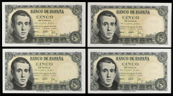 Spanish Banknotes
Estado Español
Lote 4 billetes 5 Pesetas. 16 Agosto 1951. Balmes. Sin Serie. Dos parejas correlativas. A EXAMINAR. Ed-459. SC.