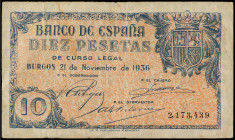Spanish Banknotes
Estado Español
10 Pesetas. 21 Noviembre 1936. (Levísimas roturas en margen). Ed-418. (MBC).