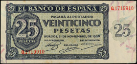 Spanish Banknotes
Estado Español
25 Pesetas. 21 Noviembre 1936. Serie Q. (Leve roturas de papel en margen derecho y leves manchitas del tiempo). Ed-...