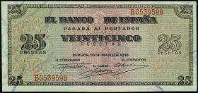 Spanish Banknotes
Estado Español
25 Pesetas. 20 Mayo 1938. Giralda de Sevilla. Serie B. Ed-430a. SC-.