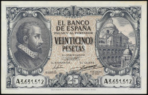 Spanish Banknotes
Estado Español
25 Pesetas. 9 Enero 1940. Herrera. Serie A. (Arruga en esquina, algo tonalizado en márgenes). Ed-436. SC.