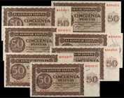 Spanish Banknotes
Estado Español
Lote 7 billetes 50 Pesetas. 21 Noviembre 1936. Serie Q. Todos correlativos. Ed-420a. EBC+.