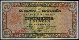 Spanish Banknotes
Estado Español
50 Pesetas. 20 Mayo 1938. Castillo de Olite. Serie D. Ed-431a. EBC+.