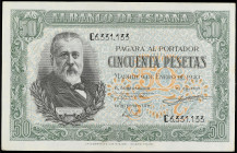Spanish Banknotes
Estado Español
50 Pesetas. 9 Enero 1940. Menéndez Pelayo. Serie C. (Algunas esquinas redondeadas). Ed-437a. EBC+.