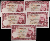 Spanish Banknotes
Estado Español
Lote 5 billetes 50 Pesetas. 31 Diciembre 1951. Rusiñol. Serie B. Todos correlativos. (Leves arruguitas en margen). ...