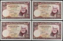 Spanish Banknotes
Estado Español
Lote 4 billetes 50 Pesetas. 32 Diciembre 1951. Rusiñol. Serie C. Todos correlativos. (Leve arruguita en margen). Ed...