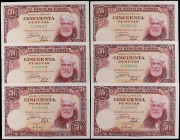 Spanish Banknotes
Estado Español
Lote 6 billetes 50 Pesetas. 31 Diciembre 1951. Rusiñol. Serie C. Todos correlativos. (Leve arruguita en margen, uno...