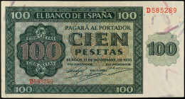 Spanish Banknotes
Estado Español
100 Pesetas. 21 Noviembre 1936. Catedral de Burgos. Serie D. (Esquinas algo redondeadas). Ed-421a. SC-.