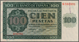 Spanish Banknotes
Estado Español
100 Pesetas. 21 Noviembre 1936. Catedral de Burgos. Serie G. (Esquina algo tocada). Ed-421a. SC.