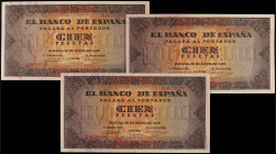 Spanish Banknotes
Estado Español
Lote 3 billetes 100 Pesetas. 20 Mayo 1938. Casa del Cordón. Serie A. Trío correlativo. Ed-432. EBC+.