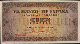 Spanish Banknotes
Estado Español
100 Pesetas. 20 Mayo 1938. Casa del Cordón. Serie G. Ed-432a. EBC.