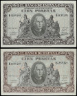 Spanish Banknotes
Estado Español
Lote 2 billetes 100 Pesetas. 9 Enero 1940. Colón. Serie E. Ed-438a. SC.