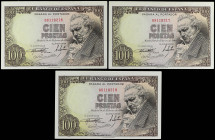 Spanish Banknotes
Estado Español
Lote 3 billetes 100 Pesetas. 19 Febrero 1946. Goya. Sin Serie. Trío correlativo. (Arruguita en margen). Ed-451. SC....