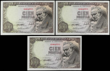Spanish Banknotes
Estado Español
Lote 3 billetes 100 Pesetas. 19 Febrero 1946. Goya. Sin Serie. Trío correlativo. (Leve arruguita en margen, uno, le...