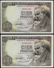 Spanish Banknotes
Estado Español
Lote 2 billetes 100 Pesetas. 19 Febrero 1946. Goya. Sin Serie. Pareja correlativa. (Arruga en margen, uno levísimo ...