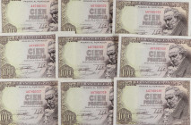 Spanish Banknotes
Estado Español
Lote 9 billetes 100 Pesetas. 19 Febrero 1946. Goya. Serie A. Todos correlativos. (Levísimas arruguitas, uno de los ...