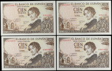 Spanish Banknotes
Estado Español
Lote 4 billetes 100 Pesetas. 19 Noviembre 1965. Bécquer. Sin Serie, pareja correlativa y Serie A pareja correlativa...