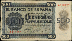 Spanish Banknotes
Estado Español
500 Pesetas. 21 Noviembre 1936. Catedral de Salamanca. Serie A. (Roturas). Ed-422. MBC-.