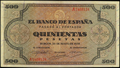 Spanish Banknotes
Estado Español
500 Pesetas. 20 Mayo 1938. Catedral de Santiago. (Pequeñas arruguitas). Ed-433. EBC.