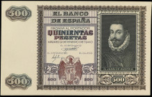 Spanish Banknotes
Estado Español
Prueba del anverso 500 Pesetas. 9 Enero 1940. Juan de Austria. Sin numeración y sin firma del cajero con parte de l...