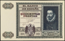 Spanish Banknotes
Estado Español
Prueba del anverso 500 Pesetas. 9 Enero 1940. Juan de Austria. Sin numeración y sin firma del cajero con parte de l...