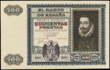 Spanish Banknotes
Estado Español
Prueba del anverso 500 Pesetas. 9 Enero 1940. Juan de Austria. Sin numeración y sin firma del cajero con parte de l...