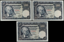 Spanish Banknotes
Estado Español
Lote 3 billetes 500 Pesetas. 15 Noviembre 1951. Benlliure. Sin Serie. Trio correlativo. Ed-460. SC.