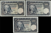 Spanish Banknotes
Estado Español
Lote 3 billetes 500 Pesetas. 15 Noviembre 1951. Benlliure. Sin Serie. A EXAMINAR. Ed-460. EBC- a SC-.