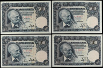 Spanish Banknotes
Estado Español
Lote 4 billetes 500 Pesetas. 15 Noviembre 1951. Benlliure. Serie A. Todos correlativos. Ed-460a. SC.