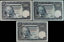 Spanish Banknotes
Estado Español
Lote 3 billetes 500 Pesetas. 15 Noviembre 1951. Benlliure. Serie A, B y C. (Leves arruguitas). A EXAMINAR. Ed-460a....