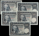 Spanish Banknotes
Estado Español
Lote 5 billetes 500 Pesetas. 15 Noviembre 1951. Benlliure. Serie C. (Leves arruguitas). A EXAMINAR. Ed-460a. SC- a ...