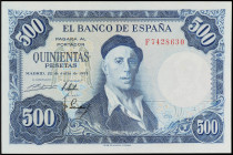 Spanish Banknotes
Estado Español
500 Pesetas. 22 Julio 1954. Zuloaga. Serie F. Ed-468b. SC.