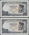 Spanish Banknotes
Estado Español
Lote 2 billetes 500 Pesetas. 23 Julio 1971. Verdaguer. Sin Serie. Pareja correlativa. Ed-473. SC.